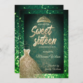Green chic Gold Sequins kleiden tiara Sweet 16 Einladung (Vorne/Hinten)