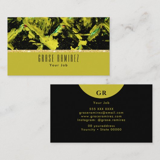 Green | Chic Imitats Gold Glitzer Monogram Visitenkarte (Vorne/Hinten)
