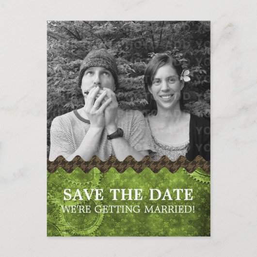 Green Chic Steampunk Foto Save the Date Postkarte (Vorderseite)