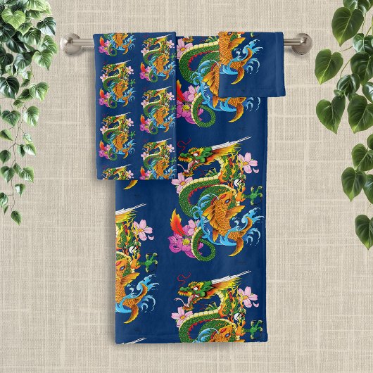 Green Chinese Dragon Koi Badhandtuch Set