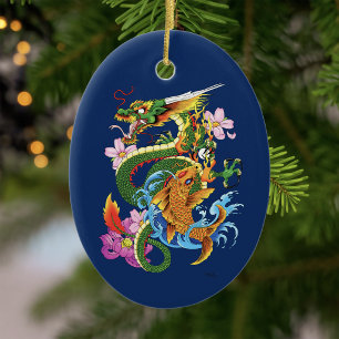 Green Chinese Dragon Koi Keramik Ornament