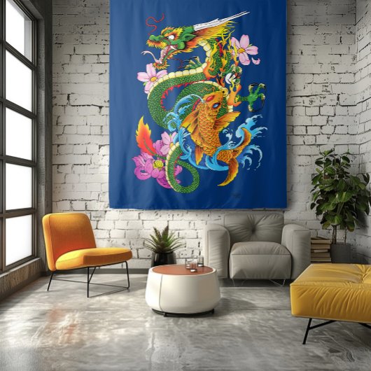 Green Chinese Dragon Koi Wandteppich