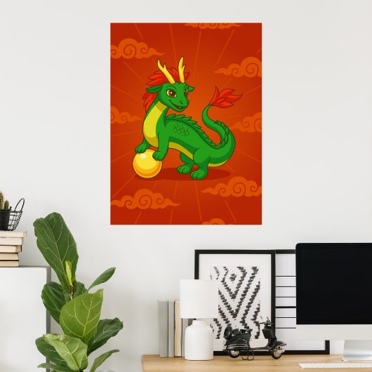 Green Chinese Dragon on Red Poster (Heimbüro)