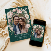 Green Chinoiserie Floral Bird Foto Save the Date