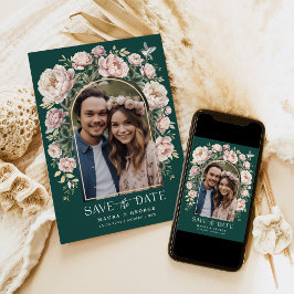 Green Chinoiserie Floral Bird Foto Save the Date Einladung