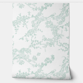 Green Chinoiserie Toile Jouy Birds Blumengarten Tapete