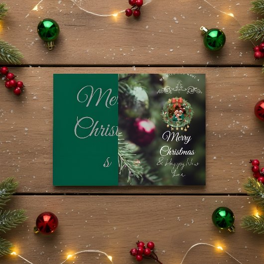 Green Christmas Card with Family Photo Einladung