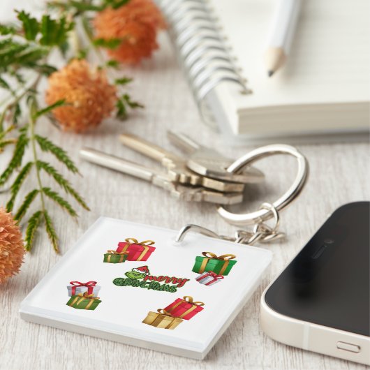 Green Christmas Creature with Gift Boxes Schlüsselanhänger (Vorderseite rechts)