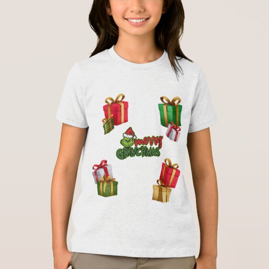 Green Christmas Creature with Gift Boxes Tri-Blend Shirt (Vorderseite)