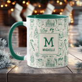 Green Christmas Doodle Monogram und Name Tasse
