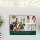 GREEN Christmas Elegante 4 Collage Foto Feiertagskarte<br><div class="desc">Mit dieser Weihnachtskarte mit einem einfachen, minimalen und sauberen Design, die das ganze Jahr über die Highlights Ihrer Familie bietet, teilen Sie sich die Weihnachtskarte. Die Vorderseite besteht aus einer modernen 4-Foto-Collage gepaart mit dem festlichen Gruß "Frohe Weihnachten" in einem eleganten Serif-Schriftart über eine klassisch grüne Farbe mit Raum für...</div>