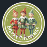 Green Christmas Elves Sticker<br><div class="desc">Grün "Frohe Weihnachten" Vintage Elfen Aufkleber.</div>