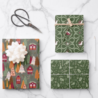 Green Christmas Forest Village Birds Houses Geschenkpapier Set