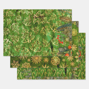 GREEN CHRISTMAS HOLIDAY GREENERY VERTEILT GESCHENKPAPIER SET