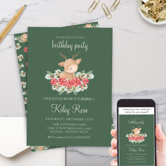 Green Christmas Poinsettia Little Deer Birthday Einladung