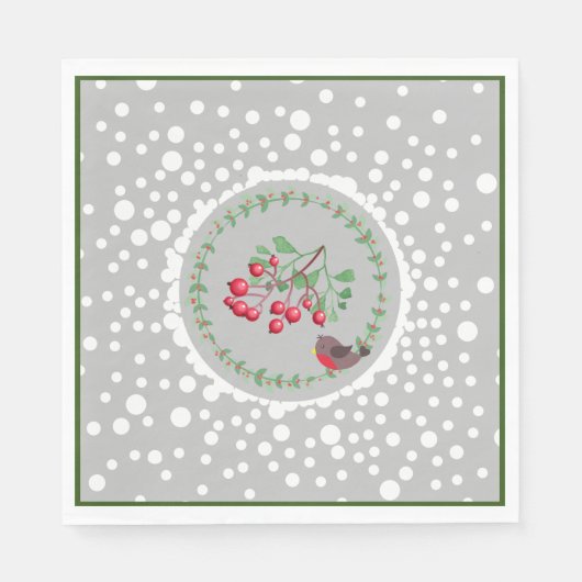 Green Christmas Red Robin Wreath and Snow Serviette (Vorderseite)