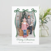 Green Christmas Ribbon Two-Photo Feiertagskarte (Stehend Vorderseite)