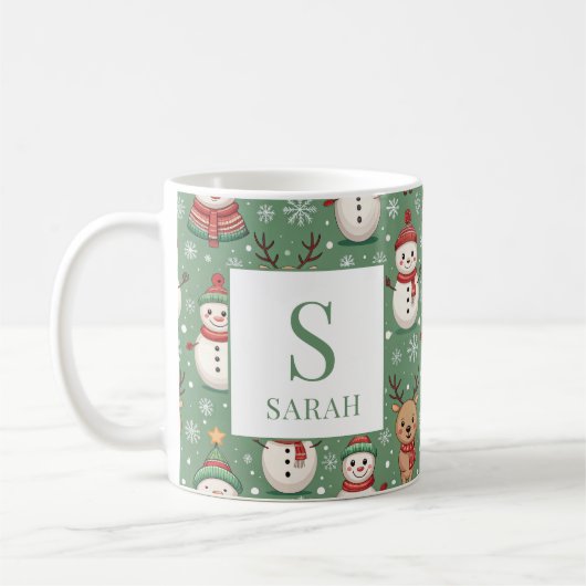 Green Christmas Snowman & Reindeer Monogram Name Kaffeetasse (Links)