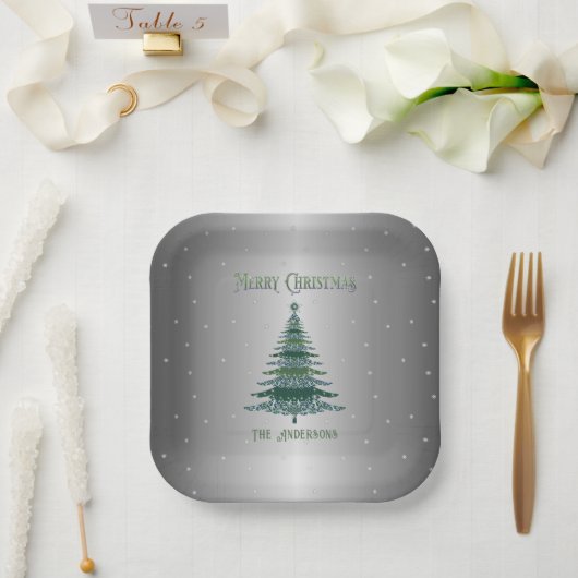 Green Christmas Tree Name Custom Silver Foil Pappteller (Hochzeit)
