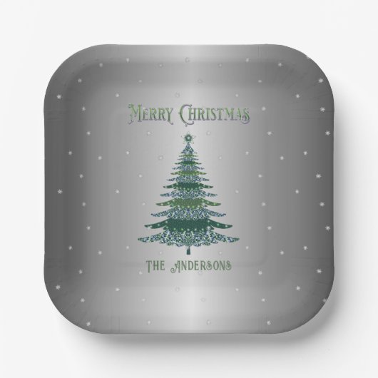 Green Christmas Tree Name Custom Silver Foil Pappteller (Vorderseite)