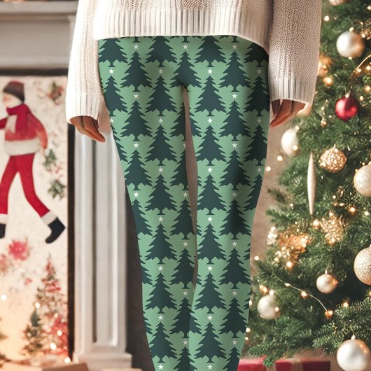 Green Christmas Tree Star Pattern Urlaub Leggings