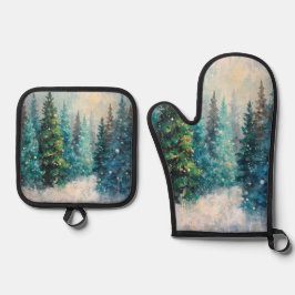 Green Christmas Trees Winter Forest Ofenhandschuh & Topflappen-Set