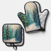 Green Christmas Trees Winter Forest Ofenhandschuh & Topflappen-Set (Vorderseite/Rückseite)