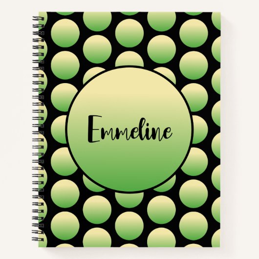 Green Circles on Black Schriftart Name Spiral Note Notizblock (Vorderseite)