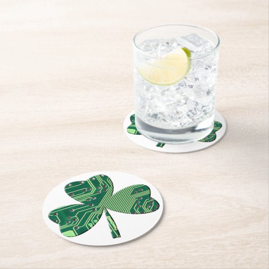 Green Circuit Board St Patrick Day Kleeblatt Runder Pappuntersetzer (Vor Ort)