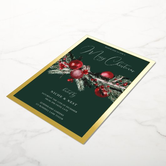 Green Classic Weihnachts Party Gold Border Folieneinladung (Gedreht)