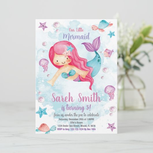 Green Cloud Mermaid Birthday Einladung (Stehend Vorderseite)