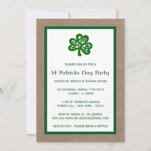 Green Clover & Burlap St. Patrick's Day Einladung (Vorderseite)