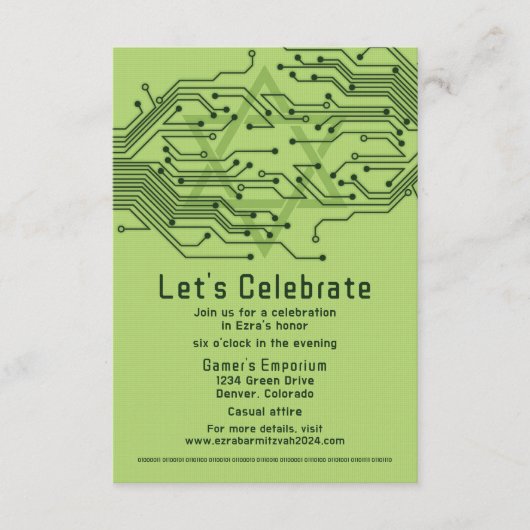 Green Computer Circuit Board Bar Mitzvah Empfang Begleitkarte (Vorderseite)