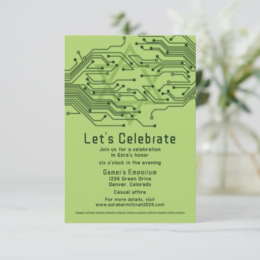 Green Computer Circuit Board Bar Mitzvah Empfang Begleitkarte (Stehend Vorderseite)