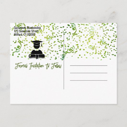 Green Confetti Graduation Party Save the Date Ankündigungspostkarte (Rückseite)