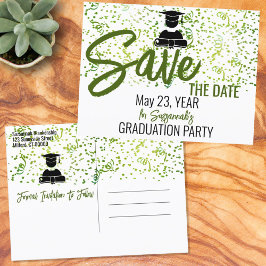 Green Confetti Graduation Party Save the Date Ankündigungspostkarte