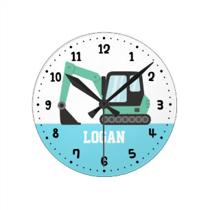 Green Construction Excavator Digger Kids Room Runde Wanduhr