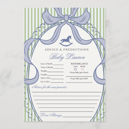 Green Coquette Bow Rocking Horse Baby Advice Card Einladung (Vorderseite)