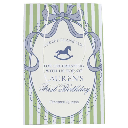 Green Coquette Bow Rocking Horse Birthday Favors Mittlere Geschenktüte (Vorderseite)