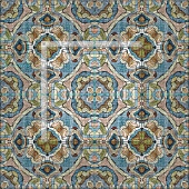 Green Coral Orange Blue Bali Batik Style Muster Stoff (Kachel)