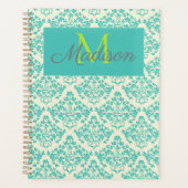 Green Cream Damask Niedlich Girly Trendy Monogram Planer (Vorderseite)