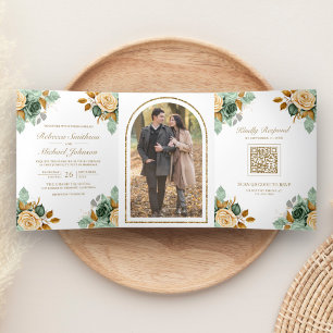 Green Cream Floral Gold QR Code Foto Hochzeit Dreifach Gefaltete Einladung