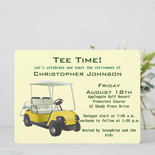Green Cream Golf Cart Retirement Party Einladung (Stehend Vorderseite)