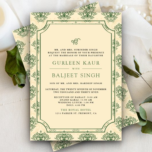Green Cream Ikat Anand Karaj Sikh Wedding Einladung