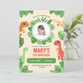 Green Cream Photo Cute Dinosaurs 5th birthday Einladung (Stehend Vorderseite)