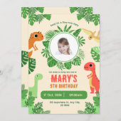 Green Cream Photo Cute Dinosaurs 5th birthday  Einladung (Vorne/Hinten)