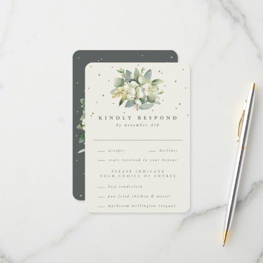 Green/Cream Snowberry+Eucalyptus Bouquet Wedding RSVP Karte (Vorderseite/Rückseite Beispiel)