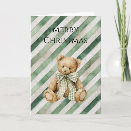 Green Cream Stripes Teddy Bear Christmas Karte (Vorderseite)