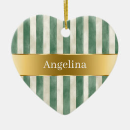 Green Cream White Stripes Gold Ribbon Christmas Keramik Ornament