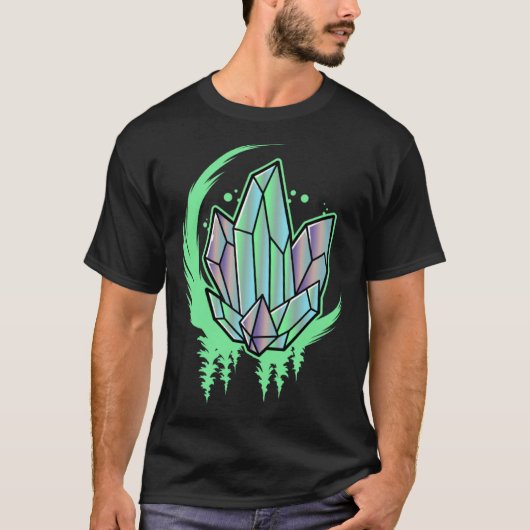 Green Crystal Gemstone Crescent Moon Trees Aesthet T-Shirt (Vorderseite)